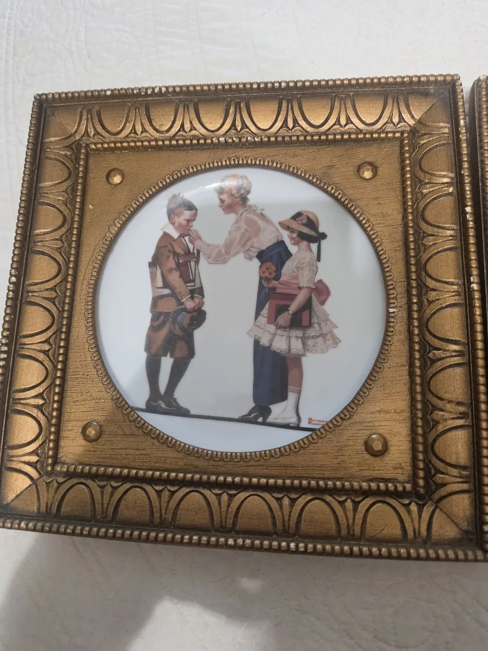 Norman Rockwell Vintage Plates Framed With Gold Plate Holders